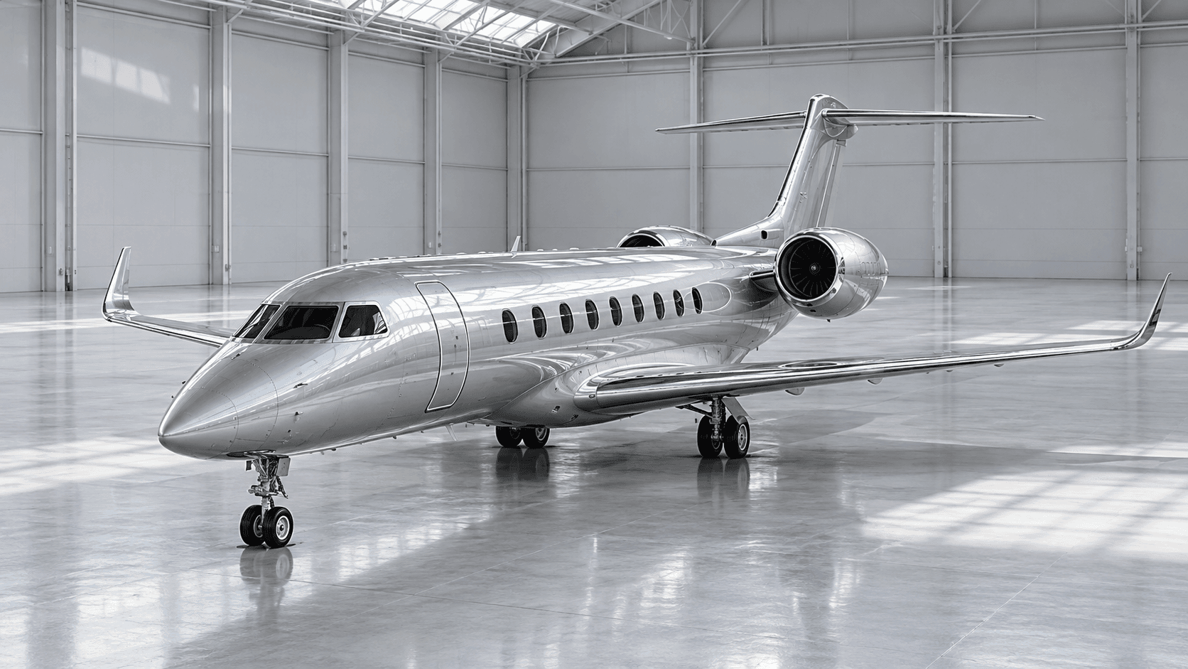 AI-generated silver jet in a hangar
